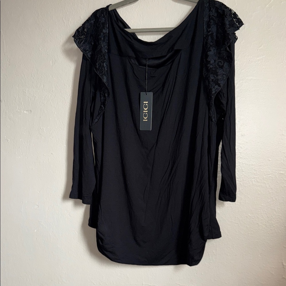Igigi Black Long Sleeve Top with Lace-Trim Shoulders